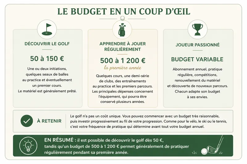 Infographie présentant le budget nécessaire pour débuter le golf en France en 2026, de la découverte à la pratique régulière.
