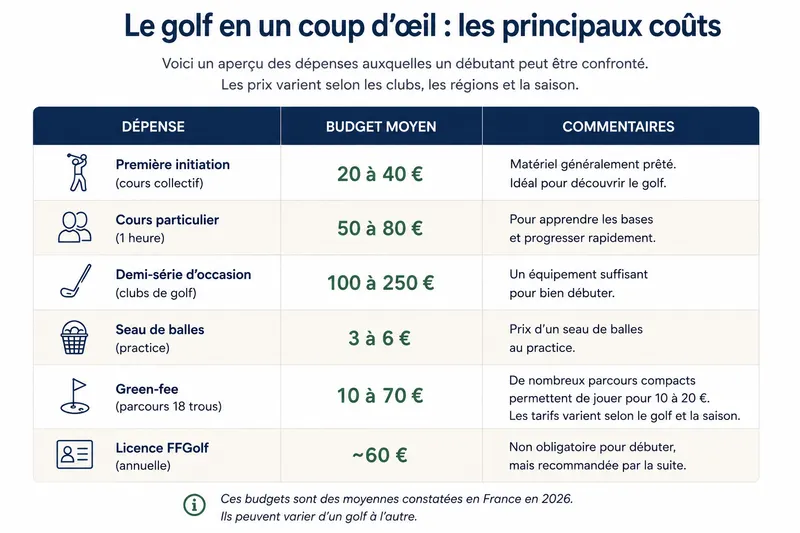 Tableau du budget moyen pour débuter le golf en France