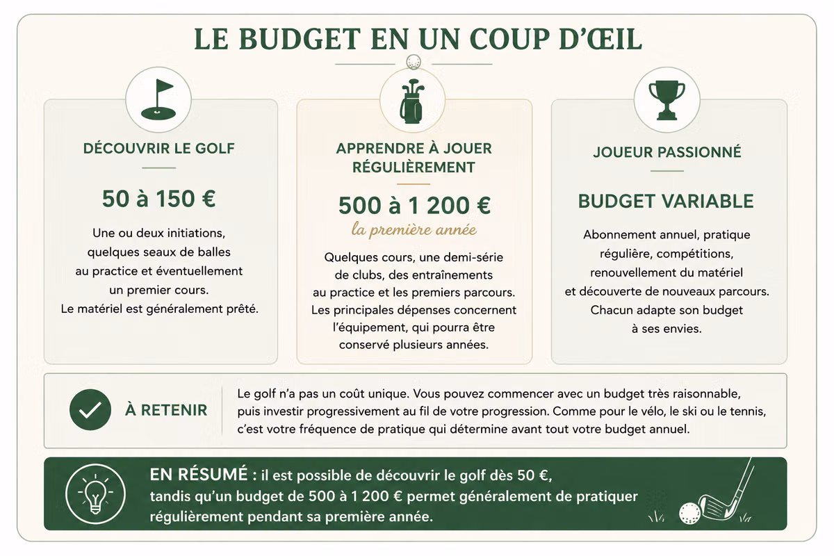 Infographie présentant le budget nécessaire pour débuter le golf en France en 2026, de la découverte à la pratique régulière.